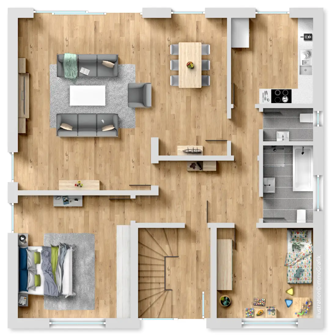 Fotorealistischer Grundriss einer Wohnung mit warmen und angenehmen Farben. Boden aus Holz, graue Fliesen, schöne Stoffe. Realistische Schatten, natürliches Sonnenlicht.